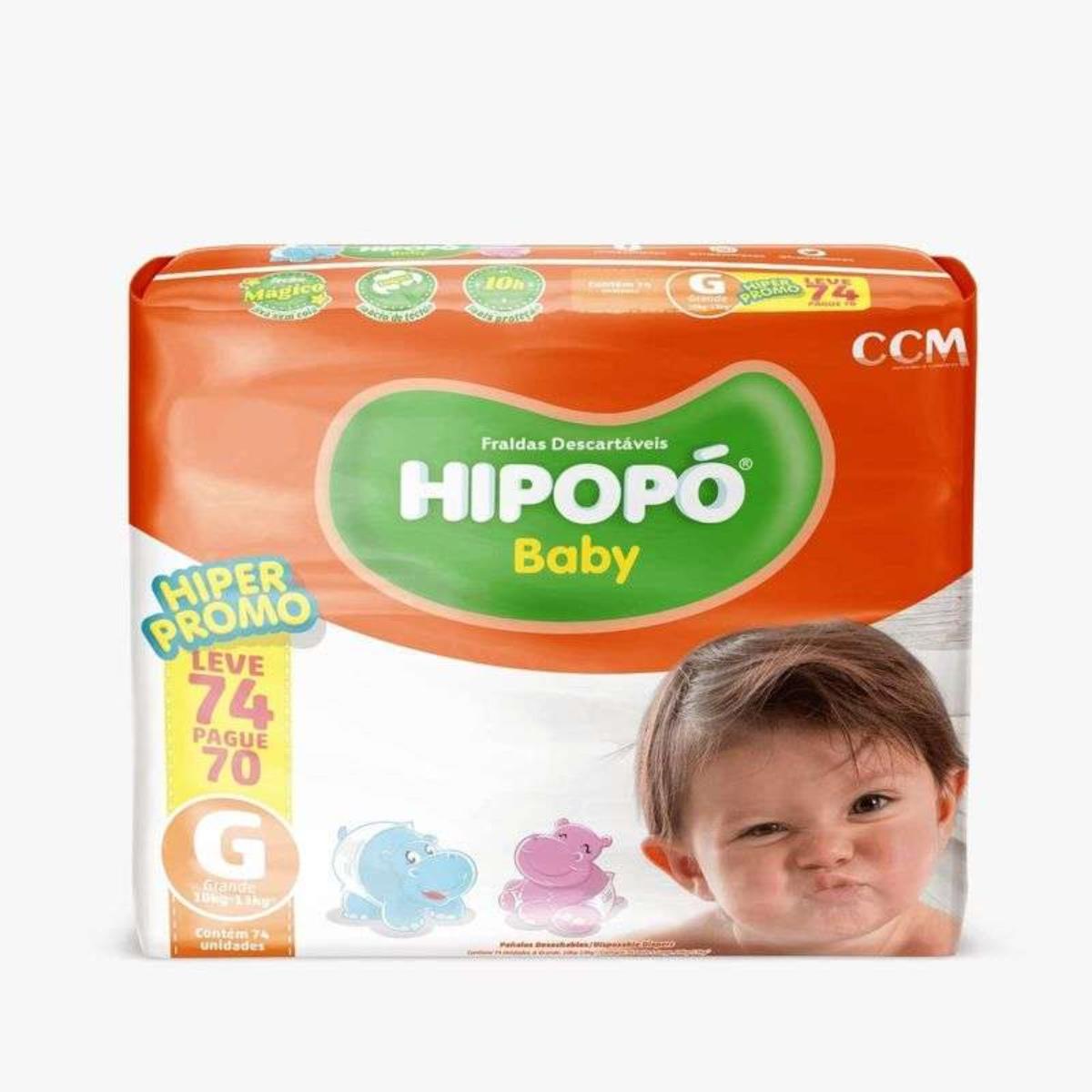 HIPOPO FRALDA MEGA TAMANHO G COM 70 UNIDADES + 4 TIRAS GRATIS