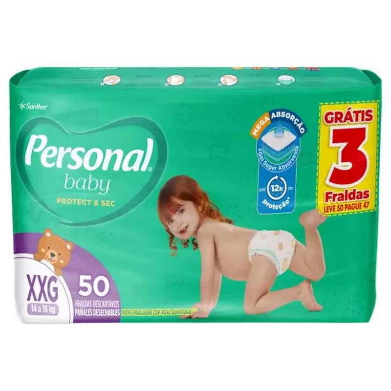 PERSONAL FRALDA PROTECT SEC HIPER LEVE 50 UNIDADES E PAGUE 47 UNIDADES TAMANHO XXG
